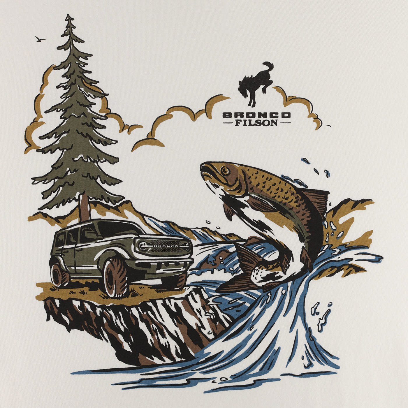 Illustration of a Bronco SUV, fish, and trees with 'Bronco Filson' branding.