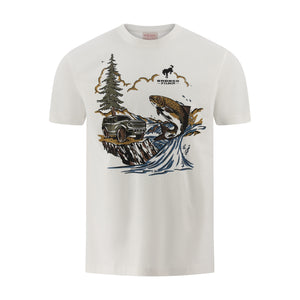 White t-shirt with a graphic design of a truck, fish, and trees on a white background