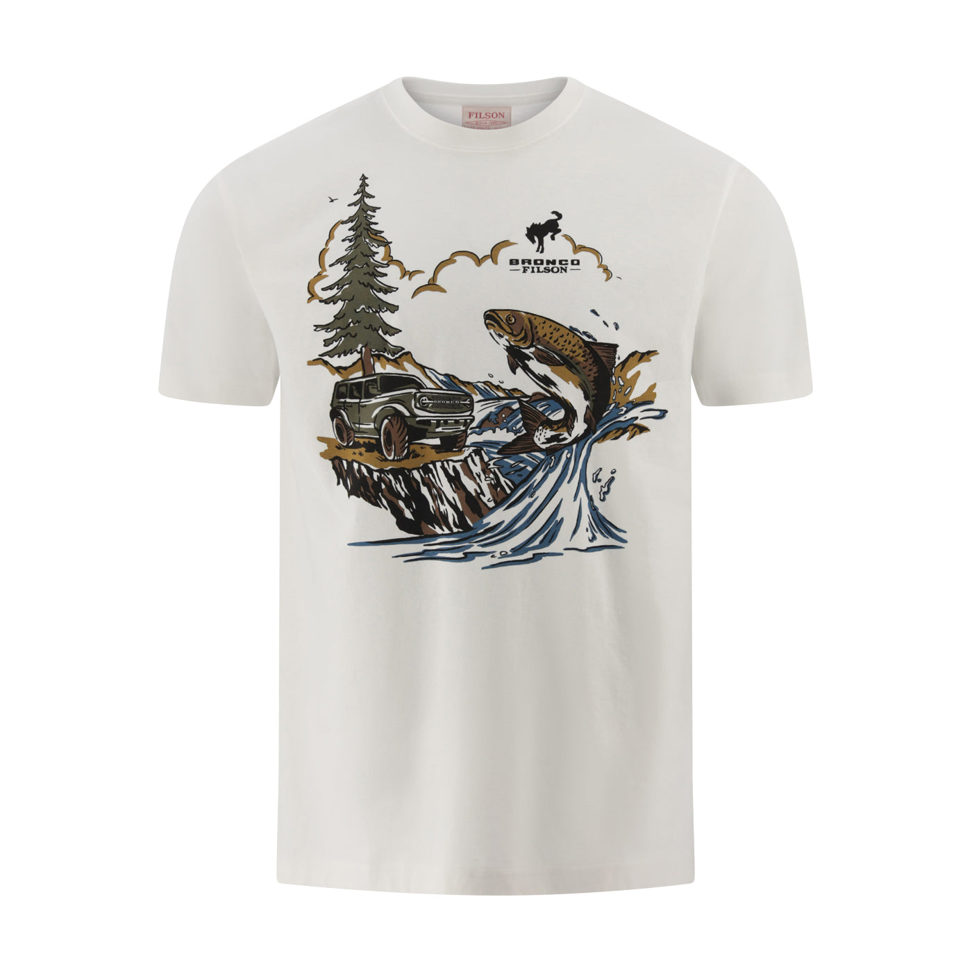White t-shirt with a graphic design of a truck, fish, and trees on a white background