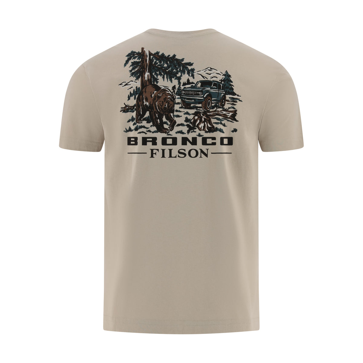Beige t-shirt with graphic design and 'Bronco Filson' text on a white background