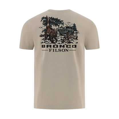 Beige t-shirt with graphic design and 'Bronco Filson' text on a white background