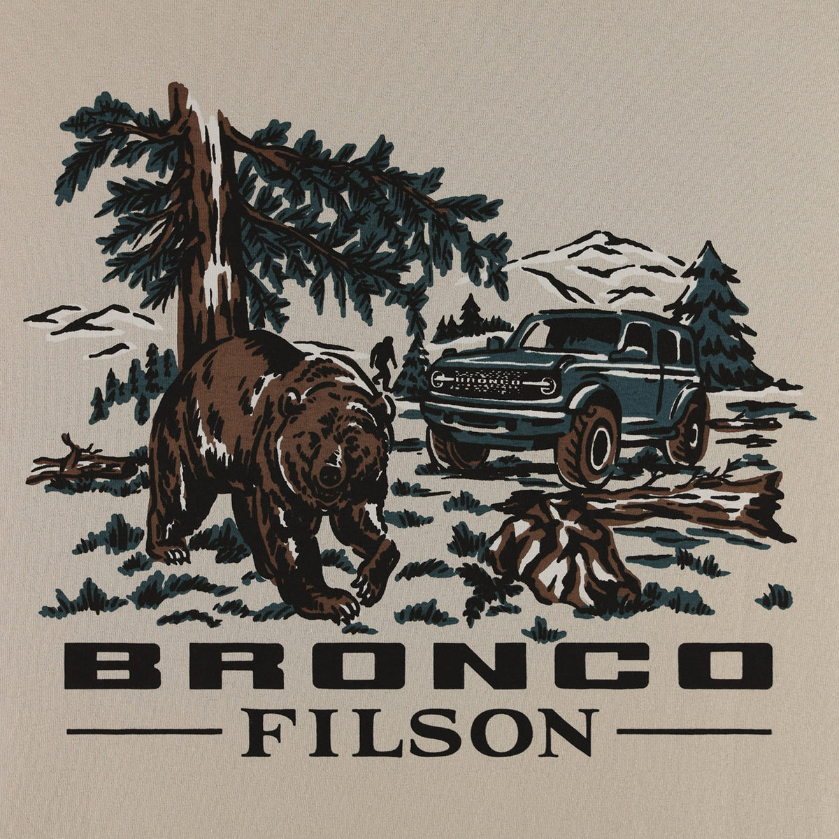 Illustration of a bear, truck, and trees with 'Bronco Filson' text on a beige background