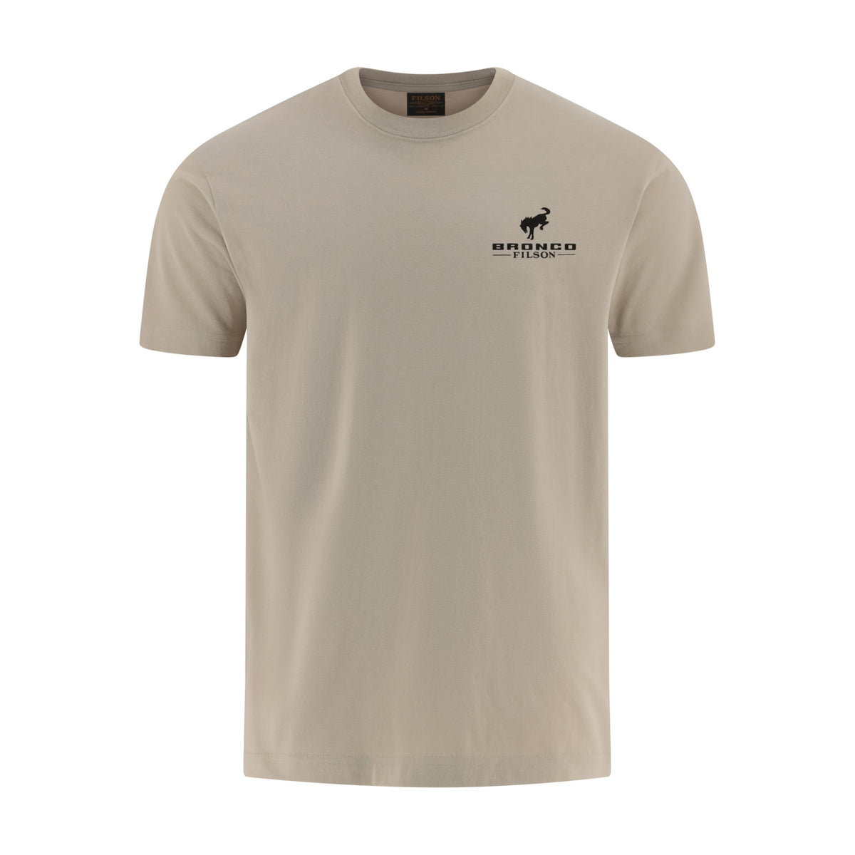 Beige t-shirt with a Bronco logo on the chest against a white background