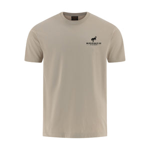 Beige t-shirt with a Bronco logo on the chest against a white background