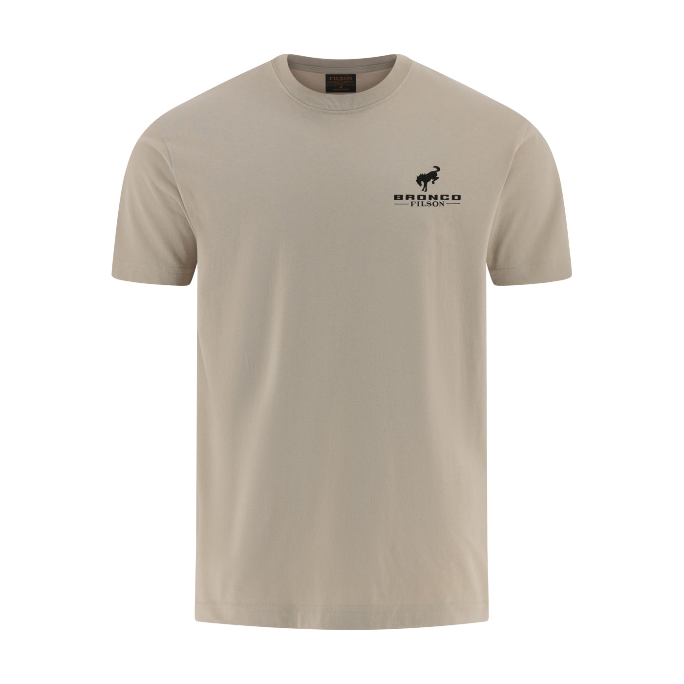 Beige t-shirt with a Bronco logo on the chest against a white background