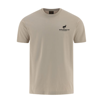Beige t-shirt with a Bronco logo on the chest against a white background