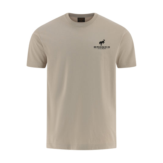 Beige t-shirt with a Bronco logo on the chest against a white background