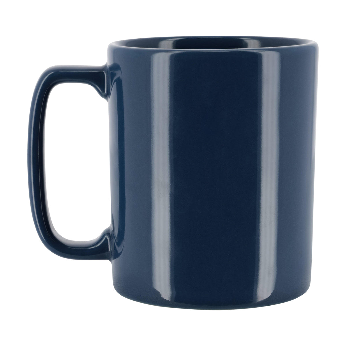 Back of a navy blue ceramic mug on a white background