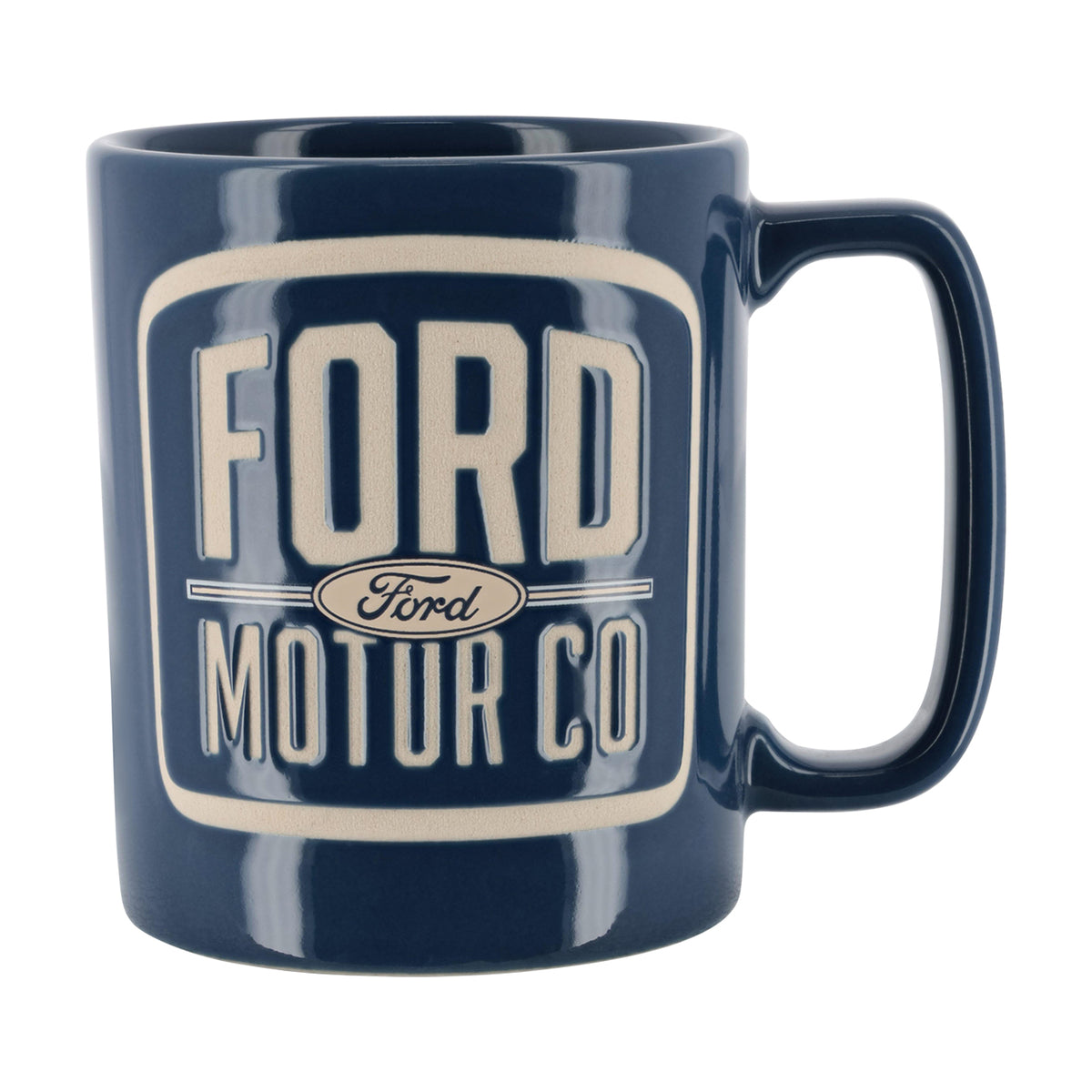FRONT of a vintage text ford moto co blue ceramic mug on a white background