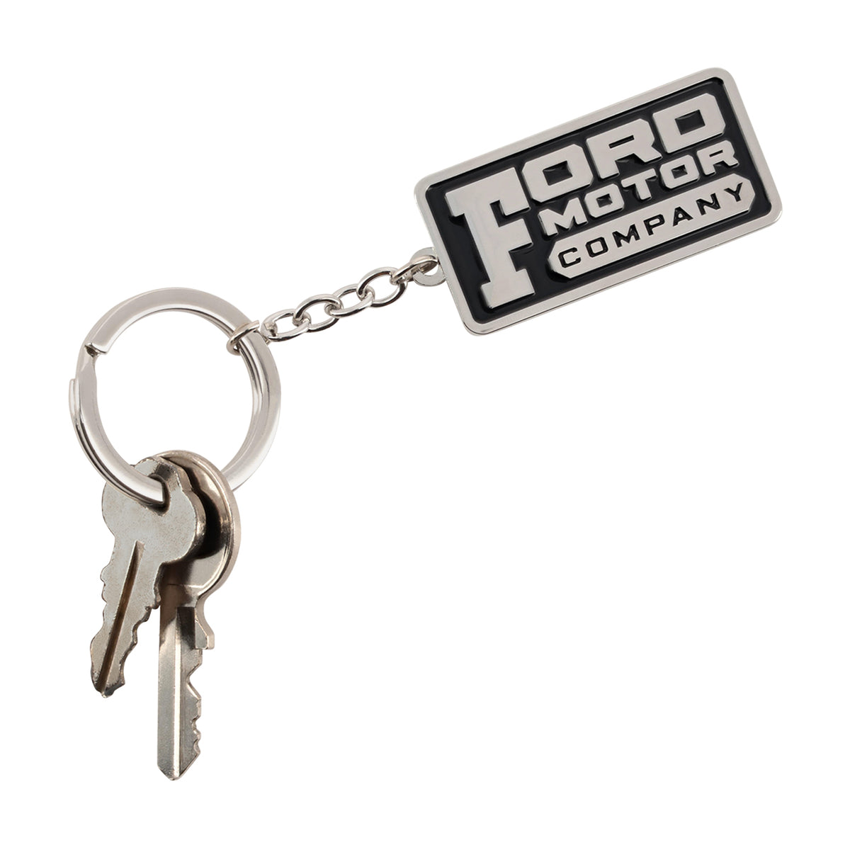 A Ford Motor Company keychain featuring a rectangular black and silver metal tag with a chain and two keys attached to a split ring, shown on a plain white background.