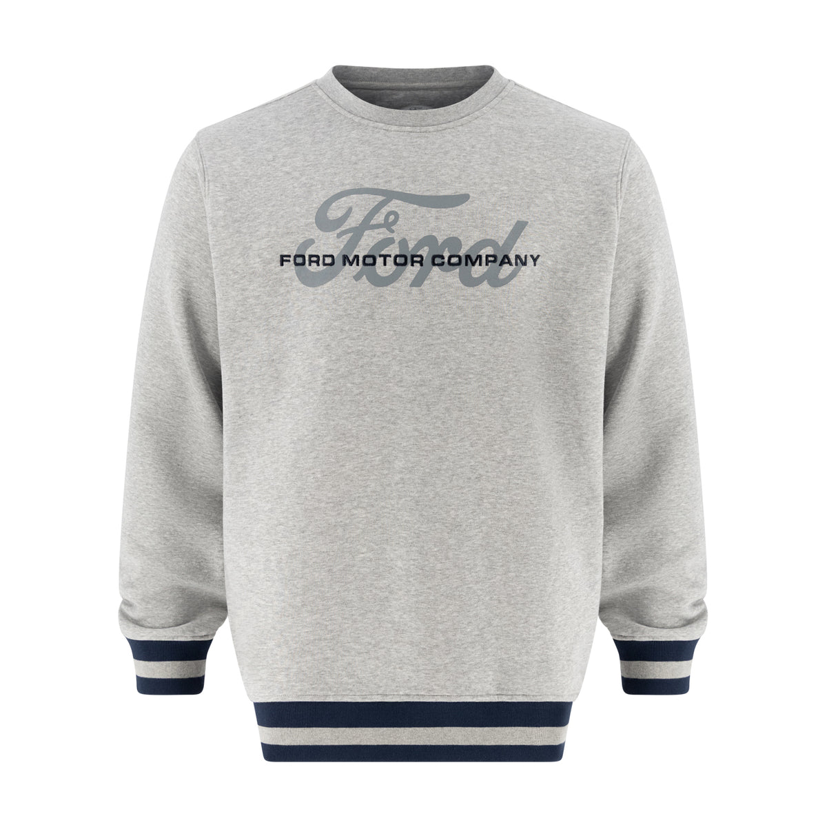 gray sweatshirt with gray ford script and navy striped cuffs and hem