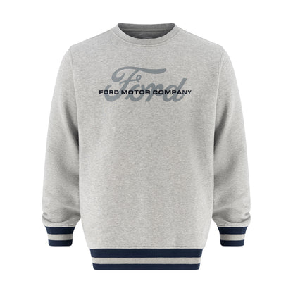 gray sweatshirt with gray ford script and navy striped cuffs and hem