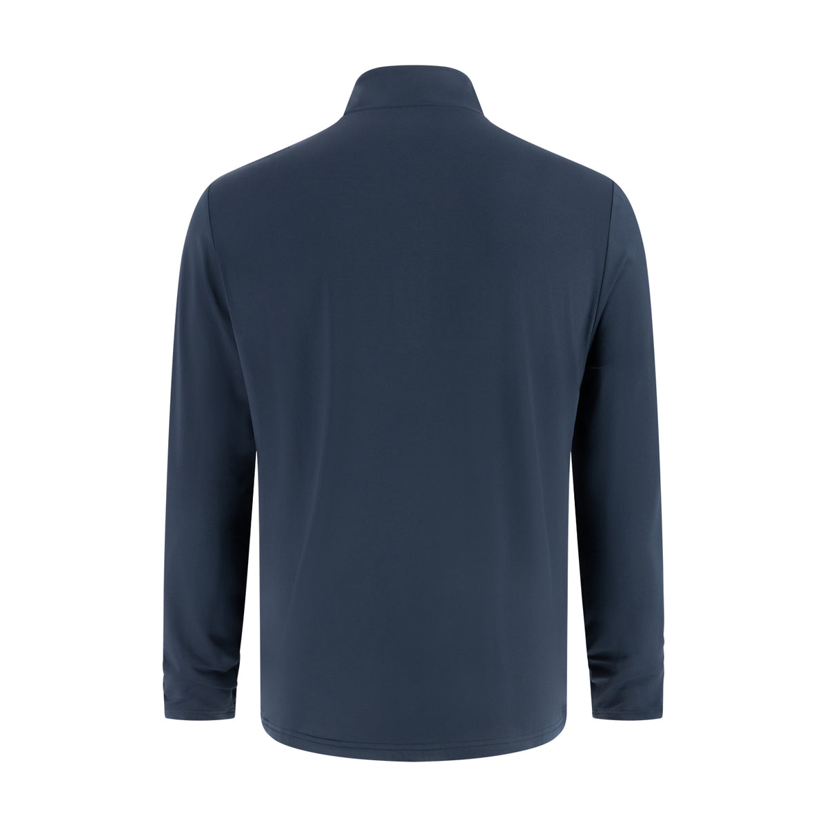 back of a collared blue quarter zip on a white background