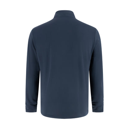 back of a collared blue quarter zip on a white background
