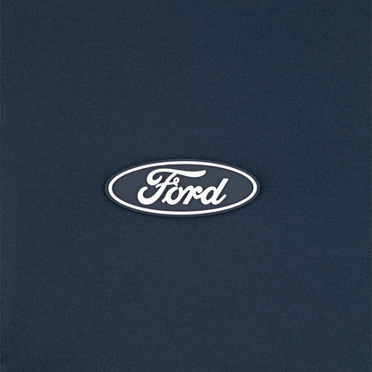 clue up of a blue oval logo on a navy blue background