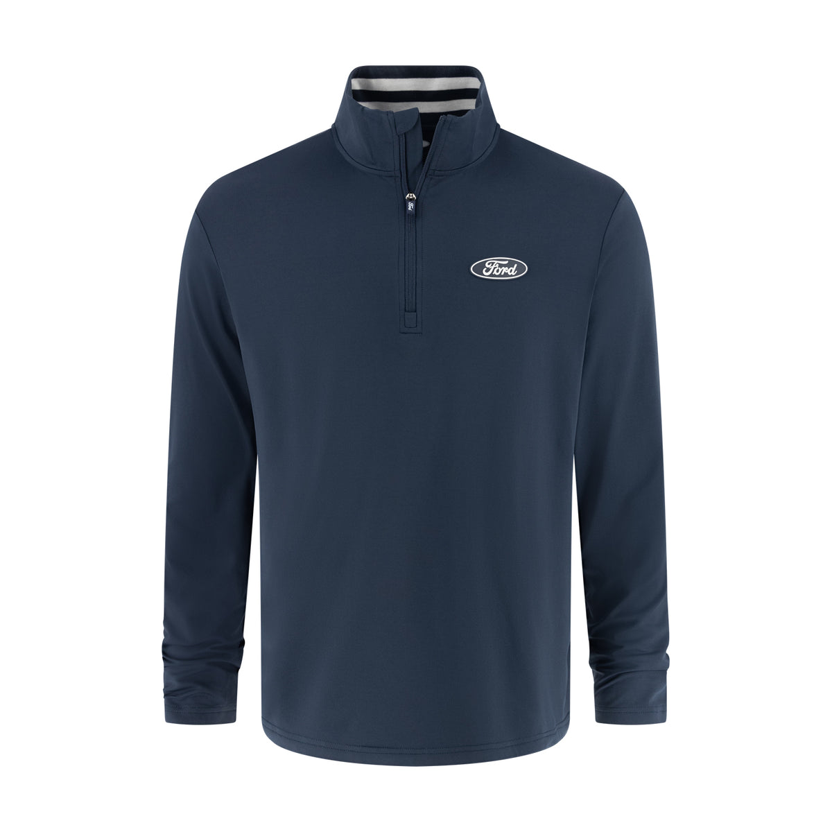 FRONT OF a navy blue quarter zip with a blue ford oval on the front on a white background
