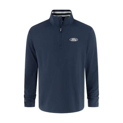 FRONT OF a navy blue quarter zip with a blue ford oval on the front on a white background