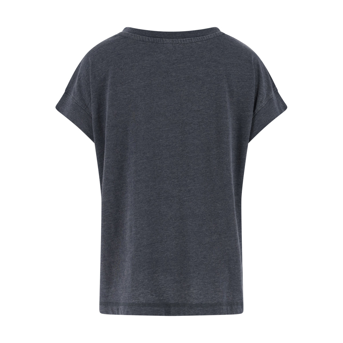 A dark heather gray short-sleeve t-shirt shown from the back, photographed against a solid white background.