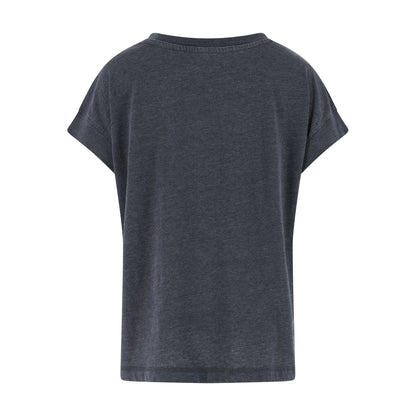 A dark heather gray short-sleeve t-shirt shown from the back, photographed against a solid white background.