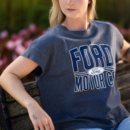 women sitting outside wearing a ford motor co t-shirt in gray