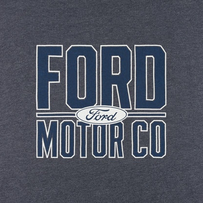 A close-up of a dark heather gray t-shirt featuring a navy blue and white collegiate-style graphic that reads 'FORD MOTOR CO' with the oval Ford logo in the center.