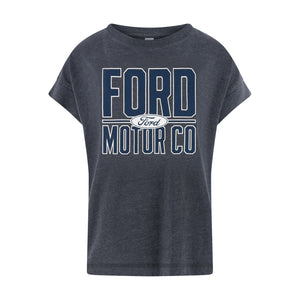 A dark heather gray t-shirt featuring a vintage-style graphic print of 'FORD MOTOR CO' in navy blue and white, with the classic oval Ford logo in the center, displayed on a clean white background.