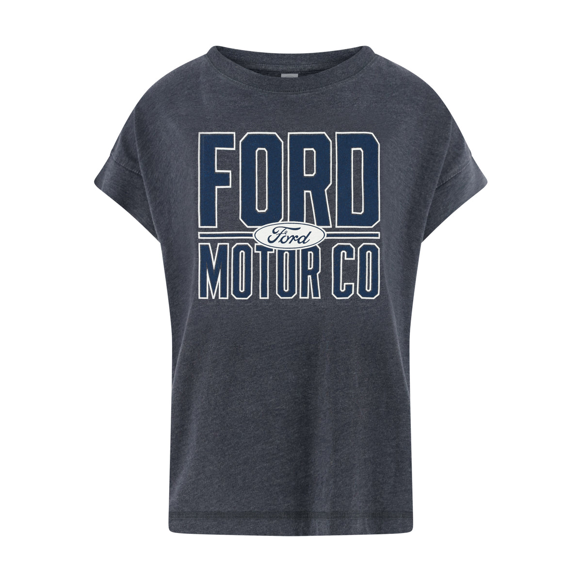 A dark heather gray t-shirt featuring a vintage-style graphic print of 'FORD MOTOR CO' in navy blue and white, with the classic oval Ford logo in the center, displayed on a clean white background.