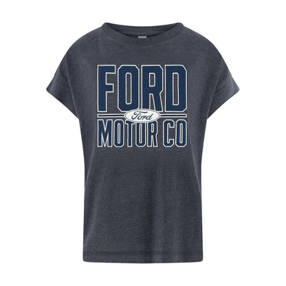 A dark heather gray t-shirt featuring a vintage-style graphic print of 'FORD MOTOR CO' in navy blue and white, with the classic oval Ford logo in the center, displayed on a clean white background.