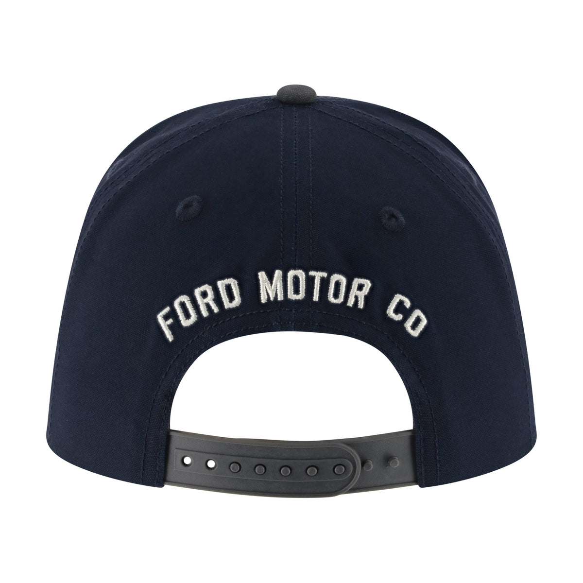 A navy blue snapback cap shown from the back, featuring 'FORD MOTOR CO' embroidered in white arched lettering on the back panel and a dark gray adjustable strap.