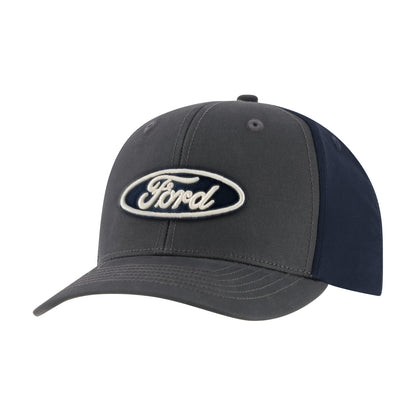A Ford baseball cap with a dark gray front and brim, navy blue side panels, and a white embroidered Ford logo on the front.
