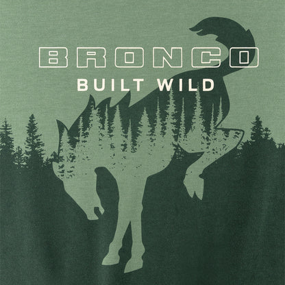 close up of a forest line with a bronco logo with white bronco built wild line art on a green background
