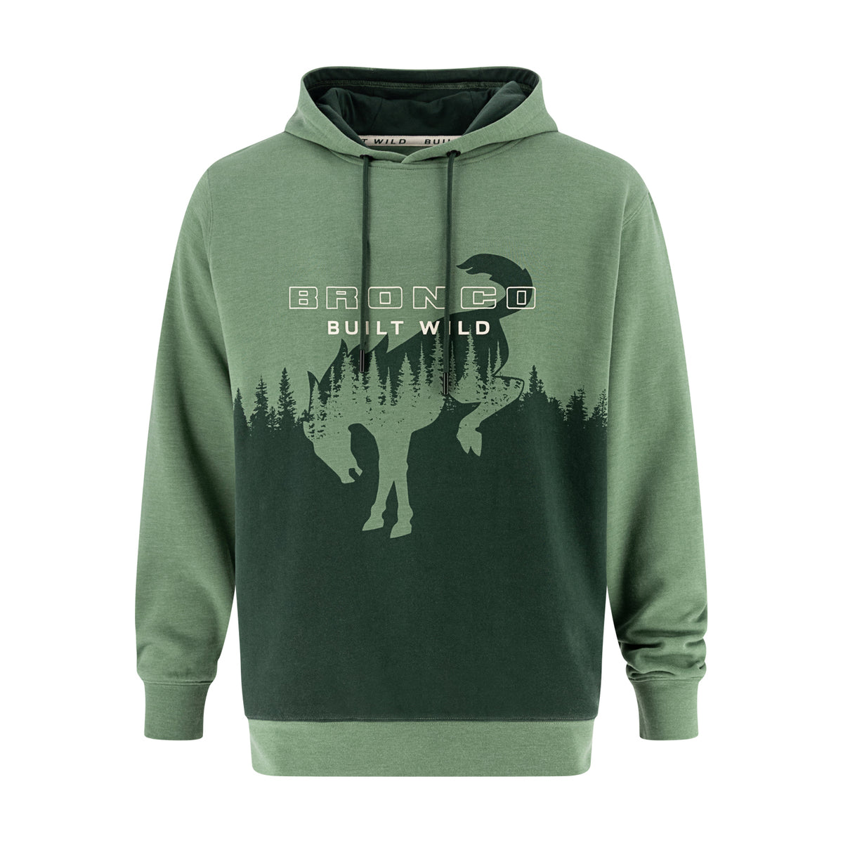 Green Bronco hoodie with Bronco built wild text and an ombré dark green tree line with a bucking bronco graphic