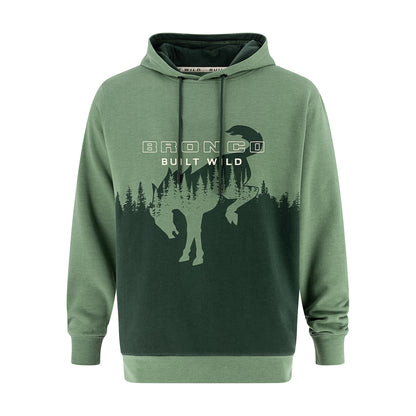 Green Bronco hoodie with Bronco built wild text and an ombré dark green tree line with a bucking bronco graphic