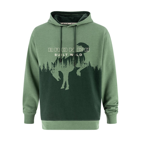 Green Bronco hoodie with Bronco built wild text and an ombré dark green tree line with a bucking bronco graphic
