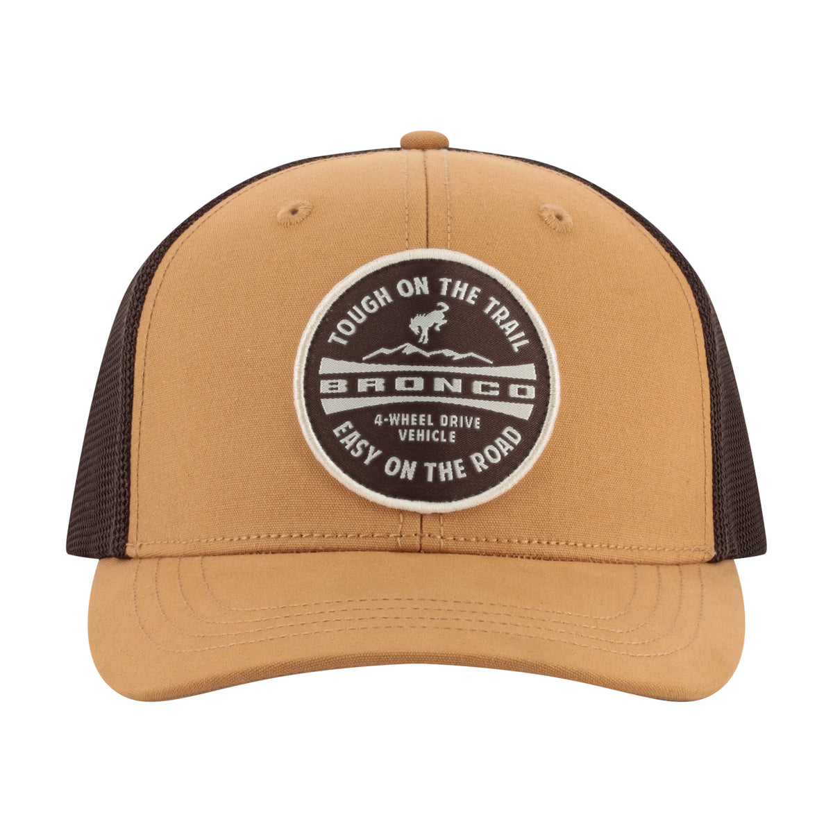 A tan and brown trucker hat with a circular embroidered patch on the front. The patch reads 'TOUGH ON THE TRAIL BRONCO 4-WHEEL DRIVE VEHICLE EASY ON THE ROAD'.