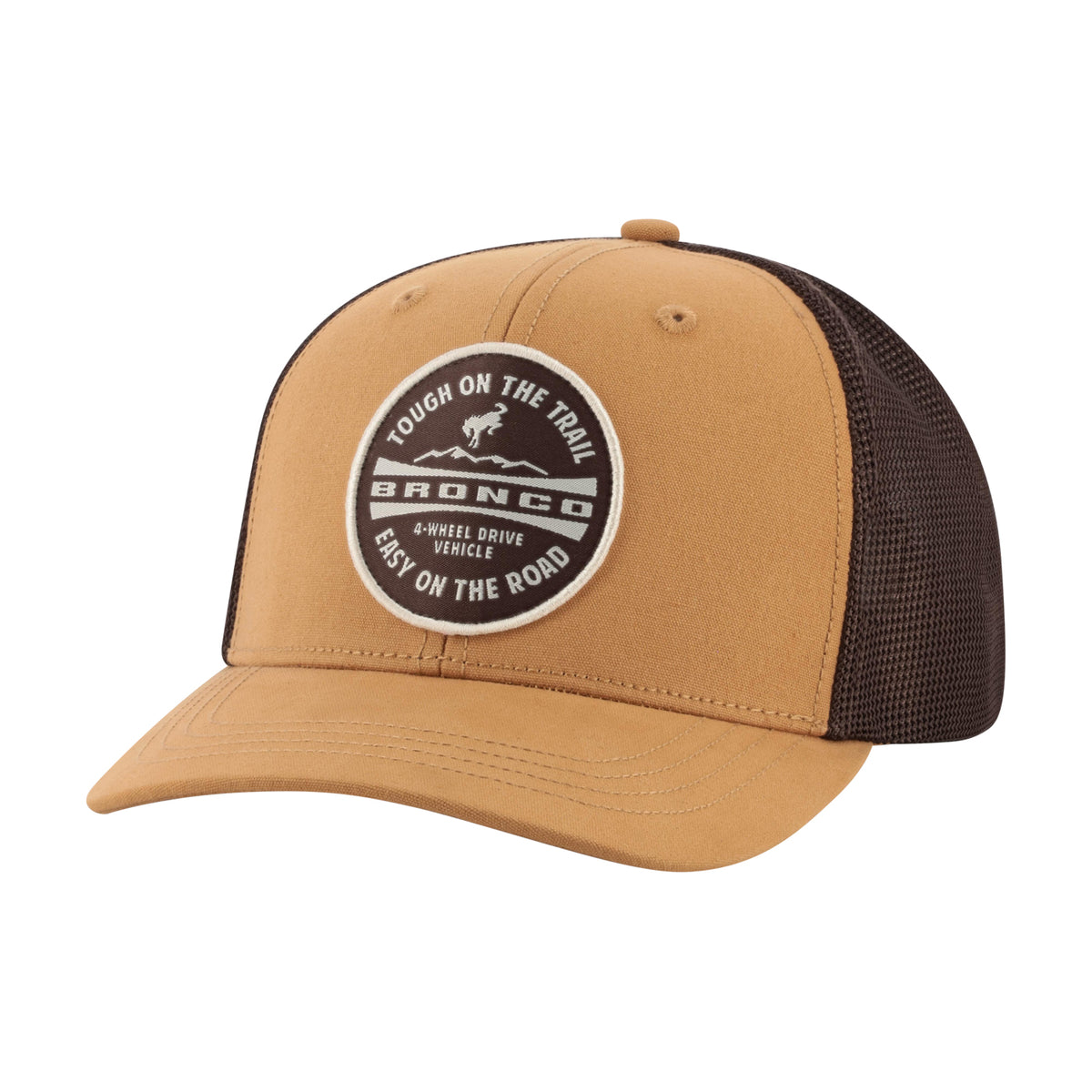 A tan and dark brown trucker hat with a circular embroidered patch on the front. The patch features a cowboy on a horse and the text 'TOUGH ON THE TRAIL', 'BRONCO', and 'EASY ON THE ROAD'.