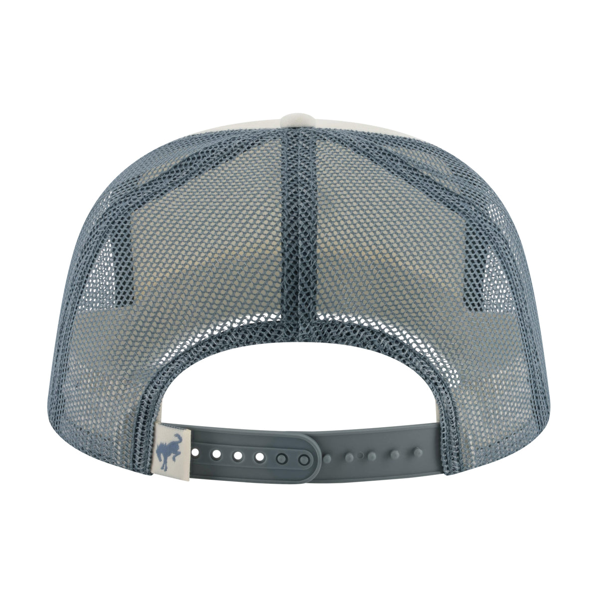 Bronco brand trucker hat shown from the back, featuring a slate blue-gray mesh back, a matching gray plastic snap closure, and a small blue horse logo on the adjustment strap.