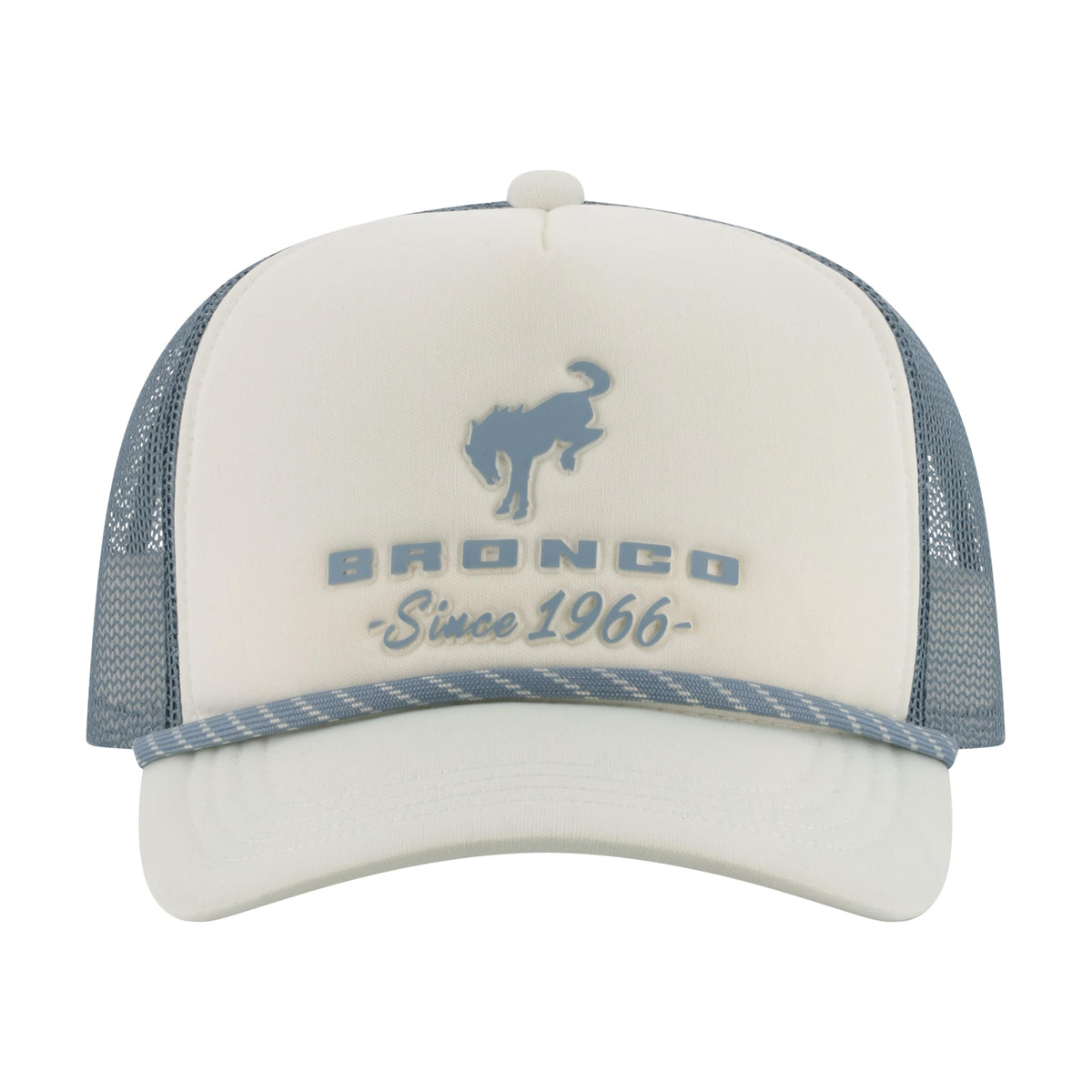 A white and slate blue trucker hat featuring a blue bronco logo and 'BRONCO Since 1966' text on the front panel, with a matching blue patterned visor trim.