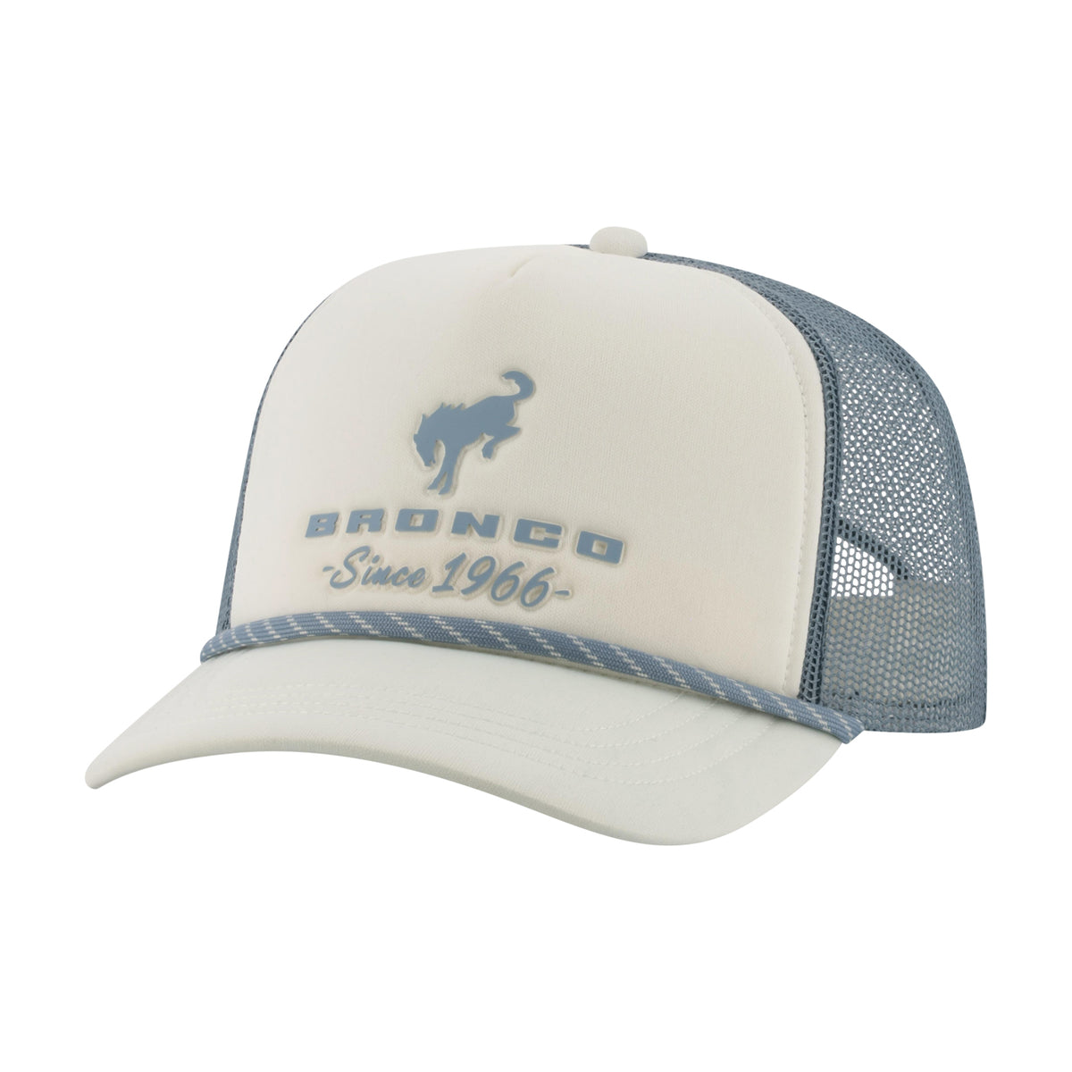 A white and slate blue trucker hat with a curved brim, featuring a white front panel with a blue embroidered bronco logo and 'BRONCO Since 1966' text, and a blue mesh back.