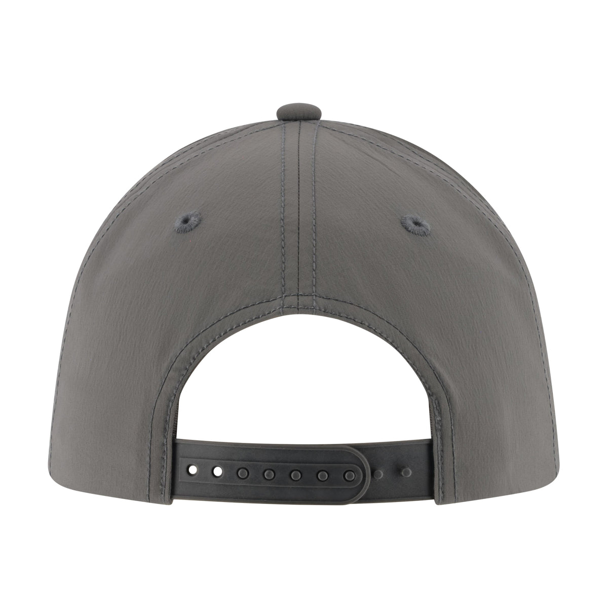 The back view of a dark gray baseball cap with a black adjustable strap and button closure, shown on a solid white background.