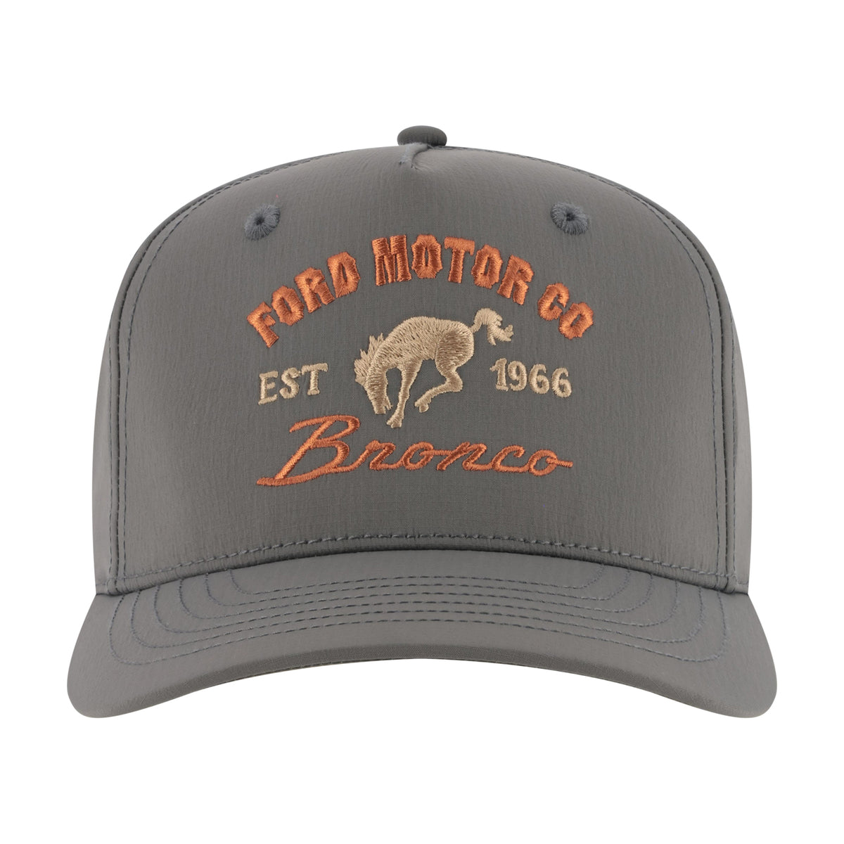 A gray baseball cap featuring embroidered orange and beige text that reads 'FORD MOTOR CO EST 1966 Bronco' with a horse logo on the front, shown against a plain white background.