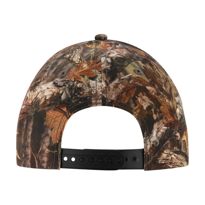 Rear view of a baseball cap with a woodland camouflage pattern featuring brown, beige, and black tones, with a black adjustable snapback strap.