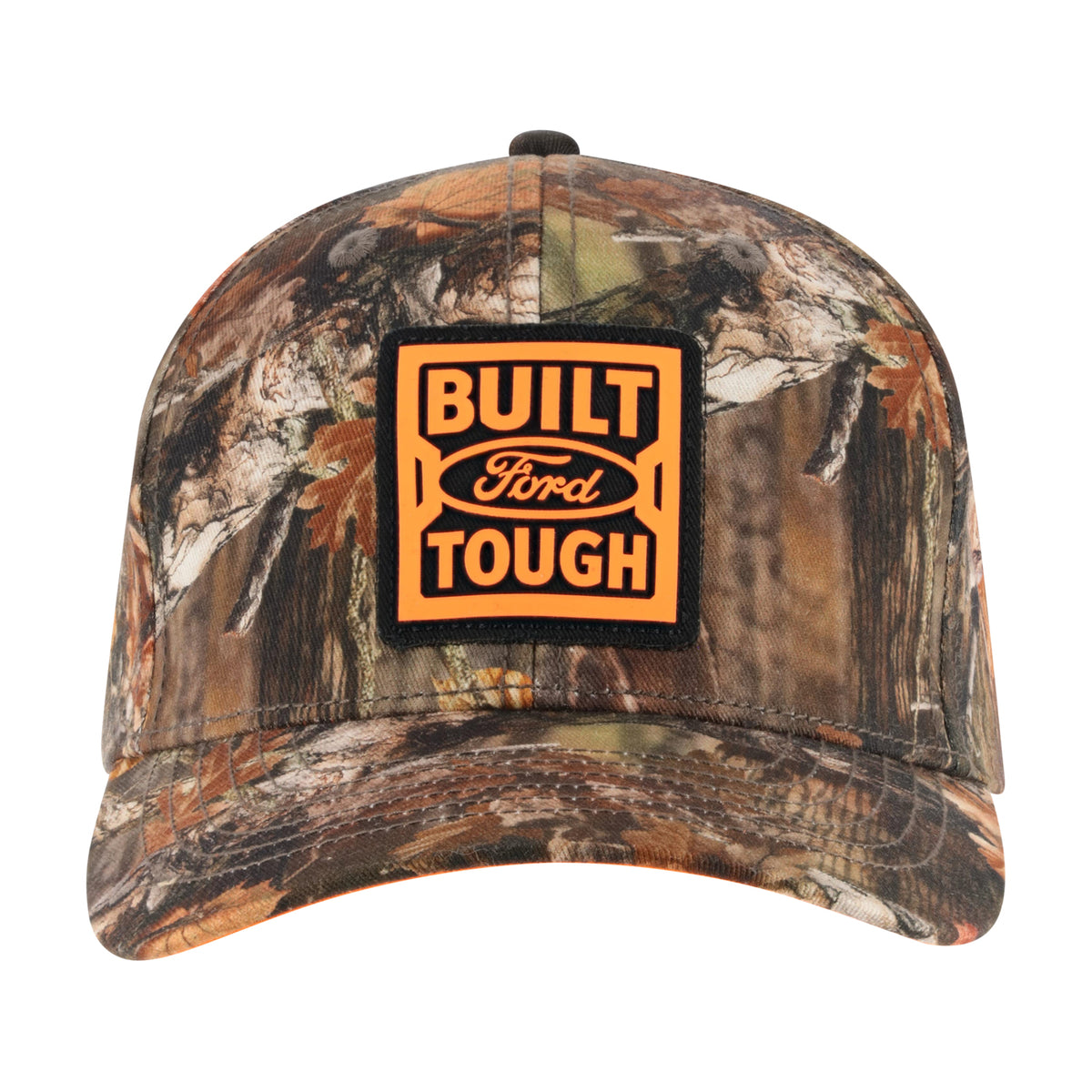 A camouflage baseball cap with a prominent orange and black 'BUILT Ford TOUGH' patch on the front, set against a plain white background.