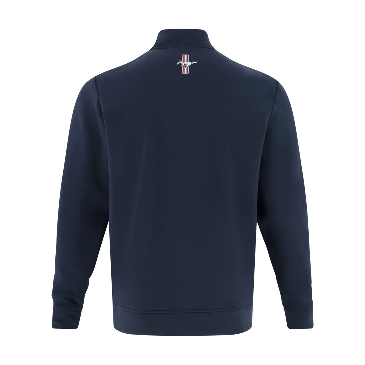 back of a navy blue quarter zip with a mustang tribar logo at the back neck line