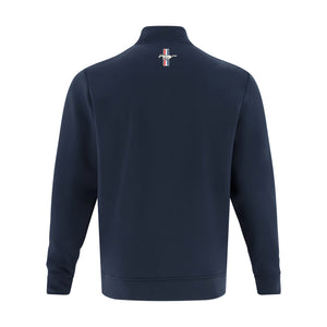 back of a navy blue quarter zip with a mustang tribar logo at the back neck line