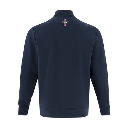 back of a navy blue quarter zip with a mustang tribar logo at the back neck line
