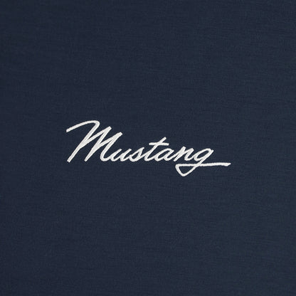 close up of white mustang script text on a navy blue background