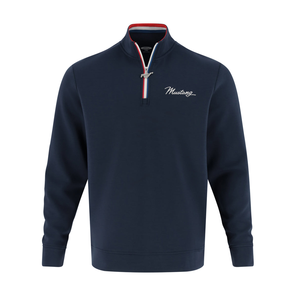 navy blue quarter zip with a red white and blue striped collar and heritage mustang text