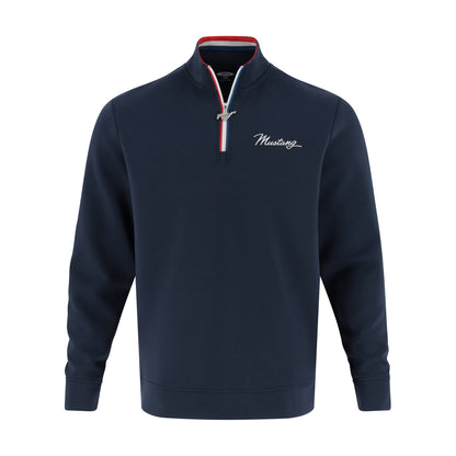 navy blue quarter zip with a red white and blue striped collar and heritage mustang text
