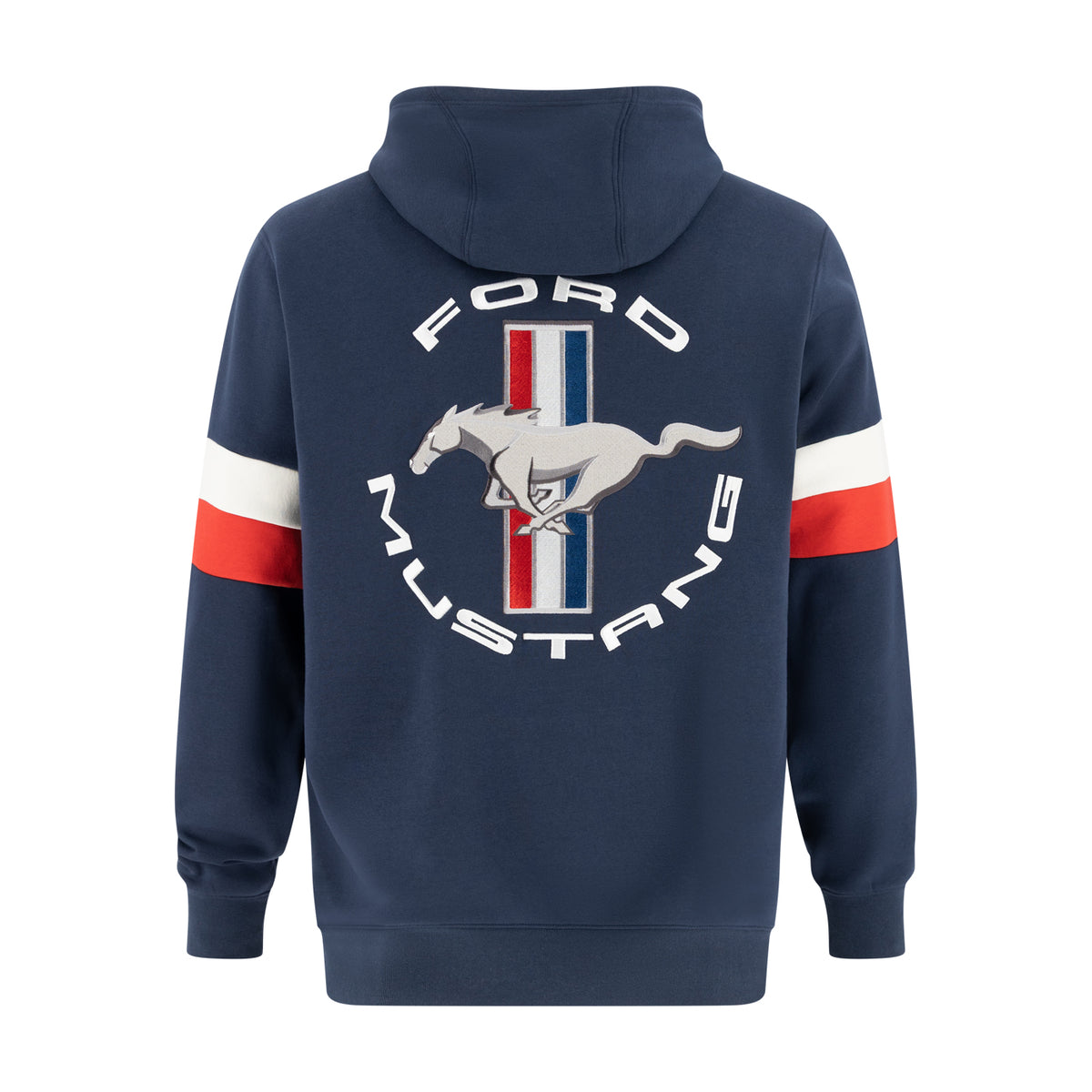 back of a navy blue red and white striped sweatshirt with a Ford Mustang tribar pony logo graphic on a white background
